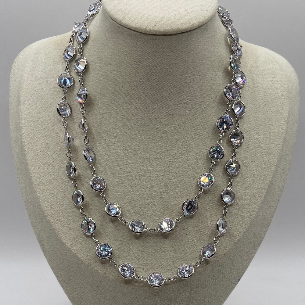 Rhodium Plated Brass Simulated Diamond Bezel Set Station Necklace 96 ctw 30”L